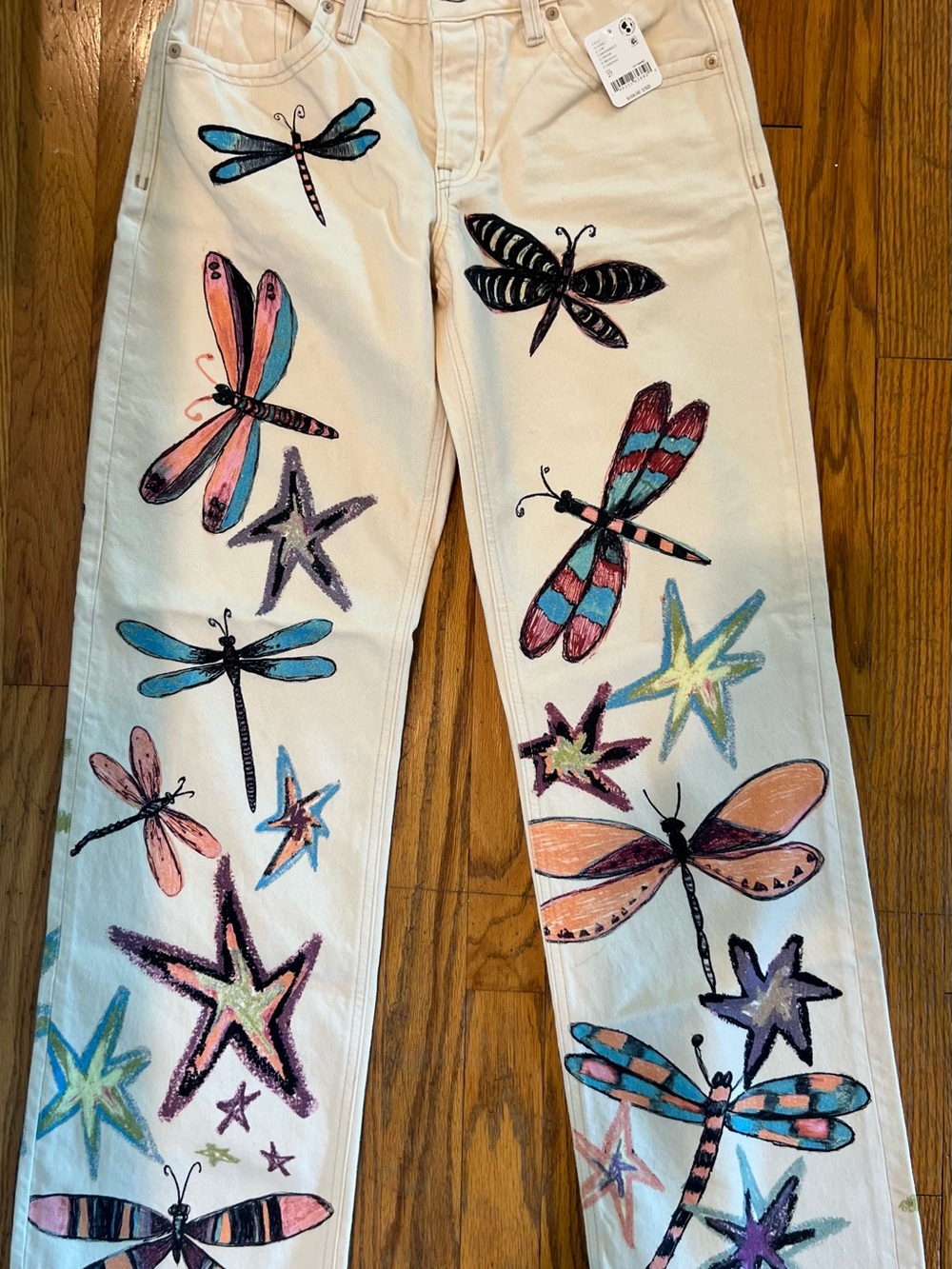 Free People (We The Free) Jeans Cream Multicolor Dragonfly & Star Artwork
